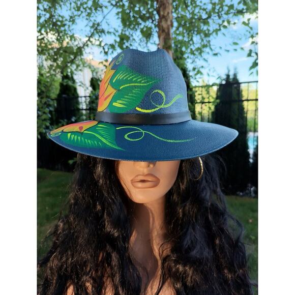 Dark Blue Fedora Art Hand-Painted High-Quality Floral Hat from Mexico‎ - Picture 1 of 5